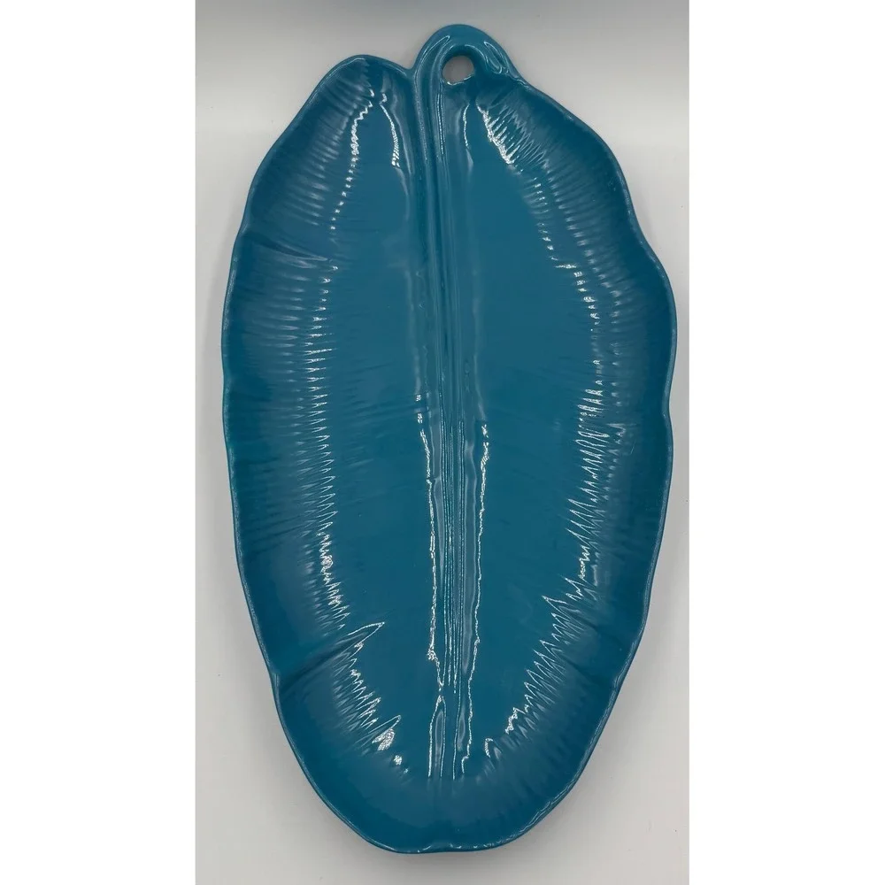 Teal Blue Leaf Shaped‎ Serving Tray Dish with Hanging Hole Melamine 20 Inch